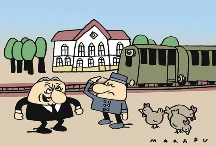 Orbán luxuskisvasútja
– ... és akkor Obama is meg Juncker is itt fog sündörögni, hogy hadd utazzanak a kisvasút luxuskocsiján, de én azt fogom mondani: NEM!
MARABU rajza — Marabu rajza