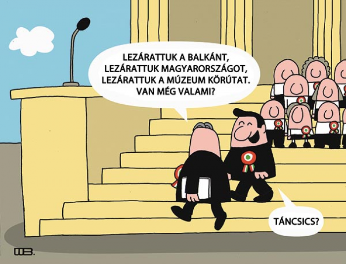 Szabadságharc
- Lezárattuk a Balkánt, lezárattuk Magyarországot, lezárattuk a Múzeum körutat. Van még valami?
- Táncsics?
WEISZ BÉLA rajza — Weisz Béla rajza