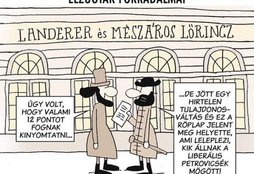 <h1>Elzúgtak forradalmai
- Úgy volt, hogy valami 12 pontot fognak kinyomtatni...
- ...De jött egy hirtelen tulajdonosváltás és ez a röplap jelent meg helyette, ami leleplezi, kik állnak a liberális Petrovicsék mögött!
MARABU rajza</h1>-