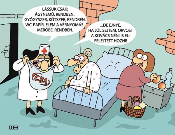 Lássuk csak: ágynemű, rendben. Gyógyszer, kötszer, rendben. WC-papír, elem a vérnyomásmérőbe, rendben... 
- ...de ejnye, ha jól sejtem, orvost a Kovács néni is elfelejtett hozni!
WEISZ BÉLA rajza — Weisz Béla rajza