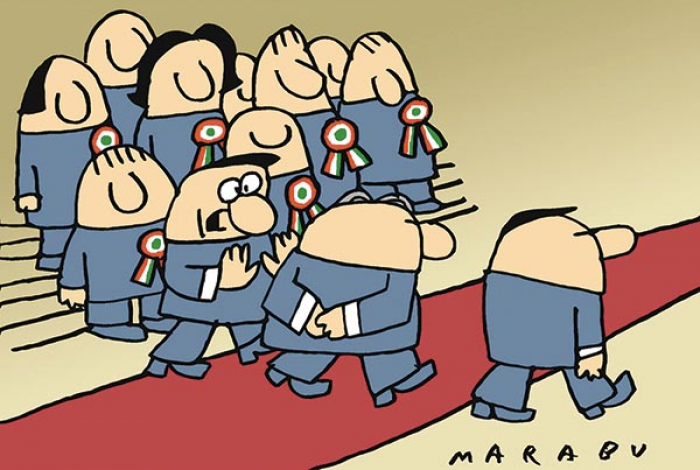Márciusi idusolás
– Csak óvatosan, főnök! Nehogy elkapja a szónoklat heve, és véletlenül megkérdezze a tömegtől, hogy rabok akarnak lenni vagy szabadok!
MARABU rajza — Marabu rajza